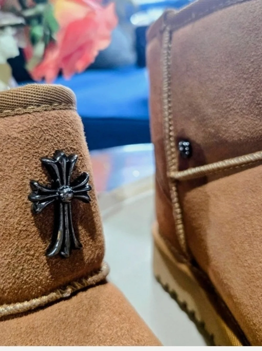 NEW Gothic Cross Luxury Inspired Faux Fur Boots - Chrome Detail - Size 6.5 - Picture 2 of 6